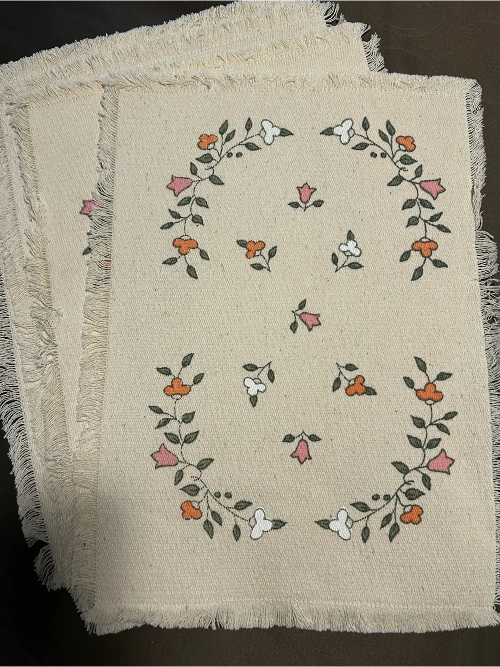 Embroidered Floral Fringe Placemats (4)- Cream with Pink & Orange Flowers